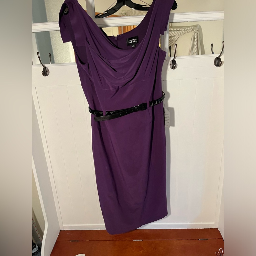 Fun cocktail dress 8 Adrianna Papel Detail black belt and cowl neck.
